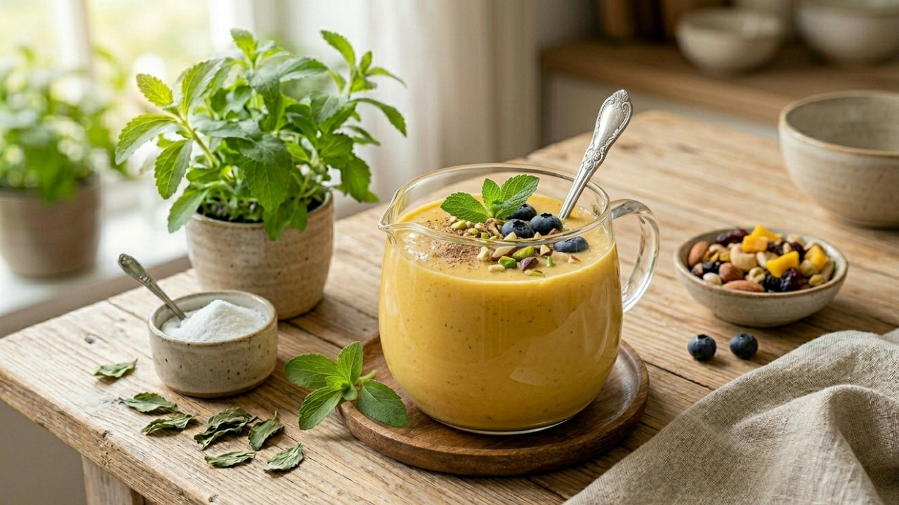 Diabetic friendly sugar free mango shake made with stevia powder