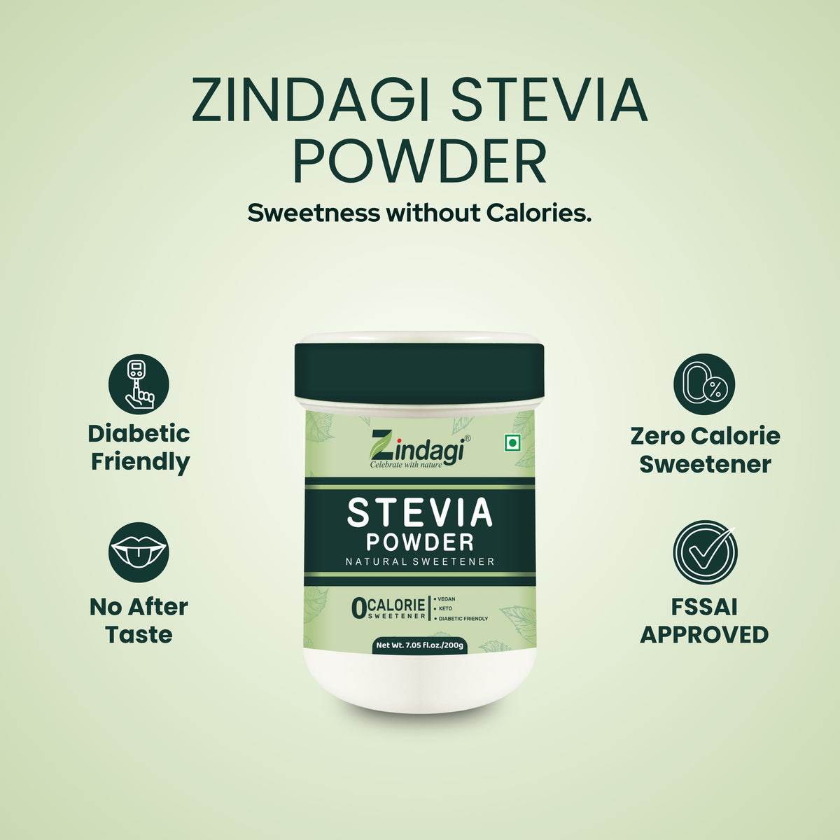 Zindagi Stevia Powder | Zero Calorie Sugar Free Sweetener | 200gm