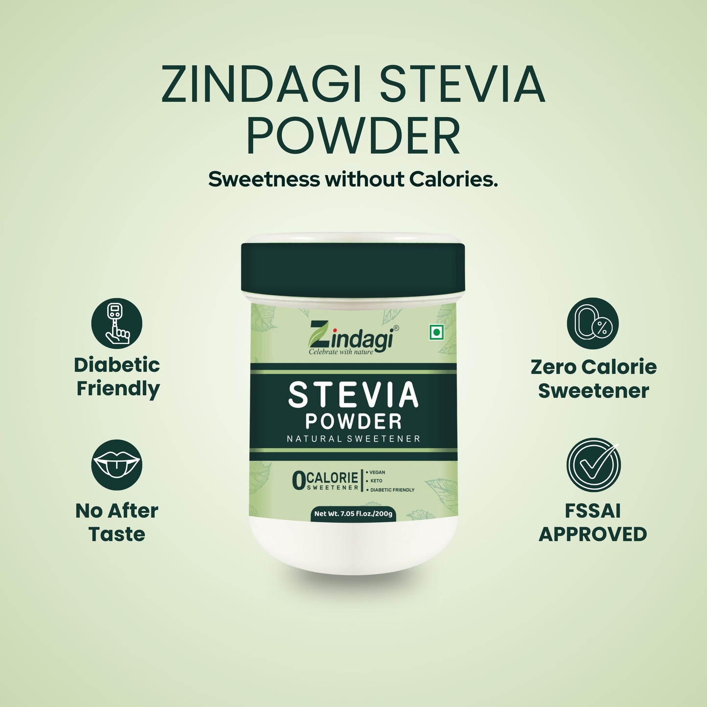 Zindagi Stevia Powder 200gm Pack of 2 & TruGar Monk Fruit 100gm (Free) Combo | Plant-Based Sugar-Free & Zero Calorie Sweetener Kit| Plant Based Sugar Free Sachets | Zero Calorie Sweetener