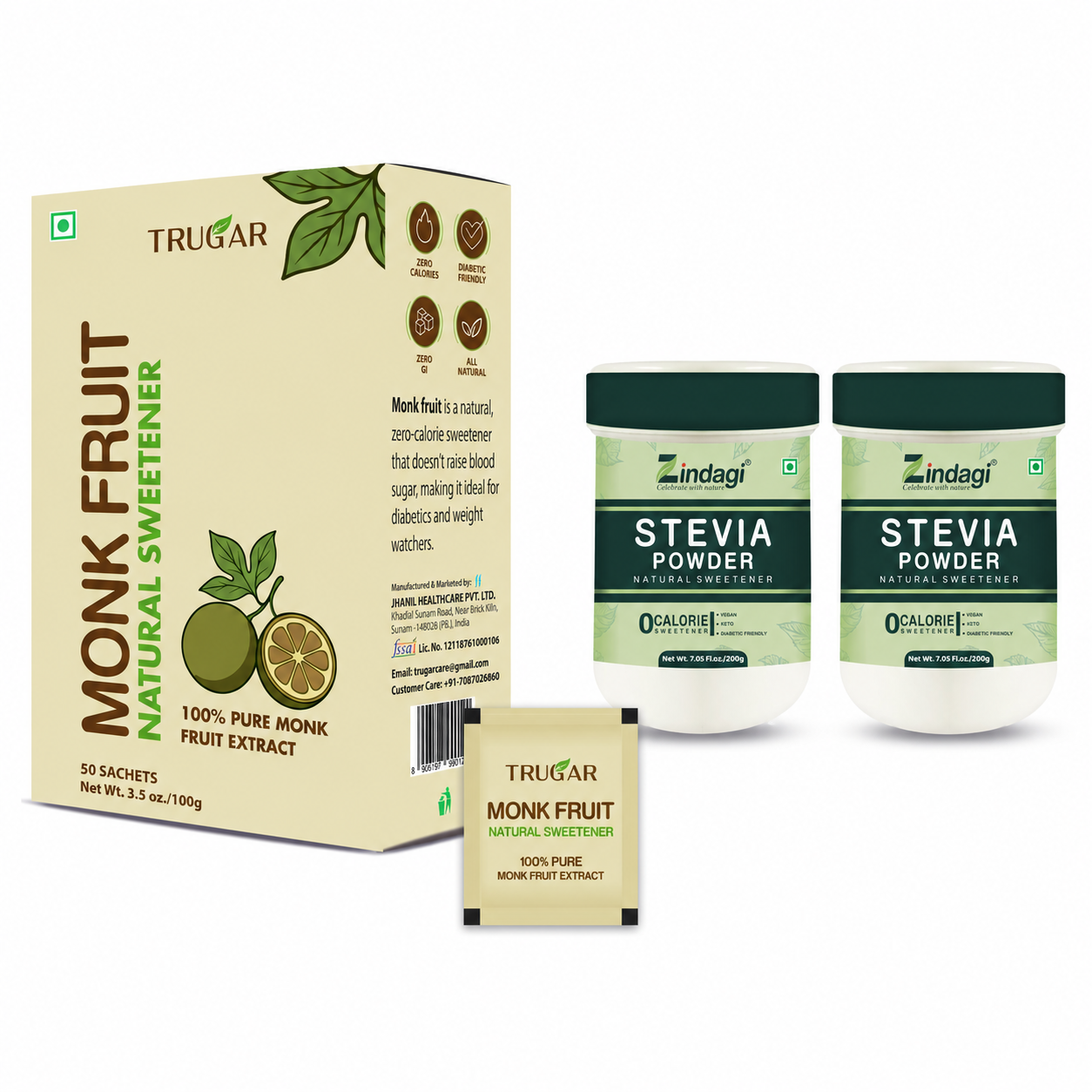 Zindagi Stevia Powder 200gm Pack of 2 & TruGar Monk Fruit 100gm (Free) Combo | Plant-Based Sugar-Free & Zero Calorie Sweetener Kit| Plant Based Sugar Free Sachets | Zero Calorie Sweetener