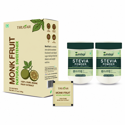 Zindagi Stevia Powder 200gm Pack of 2 & TruGar Monk Fruit 100gm (Free) Combo | Plant-Based Sugar-Free & Zero Calorie Sweetener Kit| Plant Based Sugar Free Sachets | Zero Calorie Sweetener