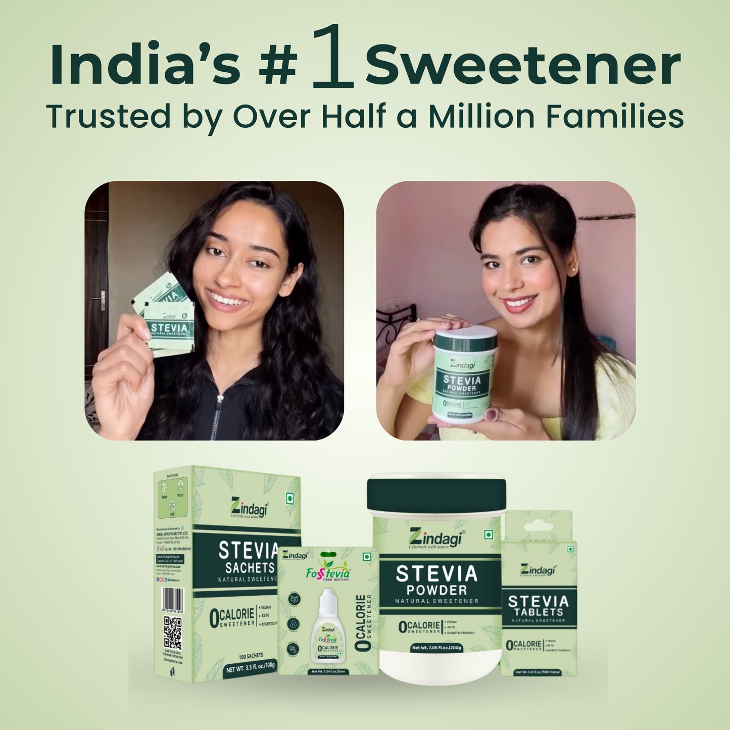 Zindagi Stevia Powder 200gm Pack of 2 & TruGar Monk Fruit 100gm (Free) Combo | Plant-Based Sugar-Free & Zero Calorie Sweetener Kit| Plant Based Sugar Free Sachets | Zero Calorie Sweetener