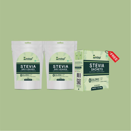 Zindagi Stevia Dry Leaves 500gm x2 + Free 50 Sachets | Zero Calorie Sweetener