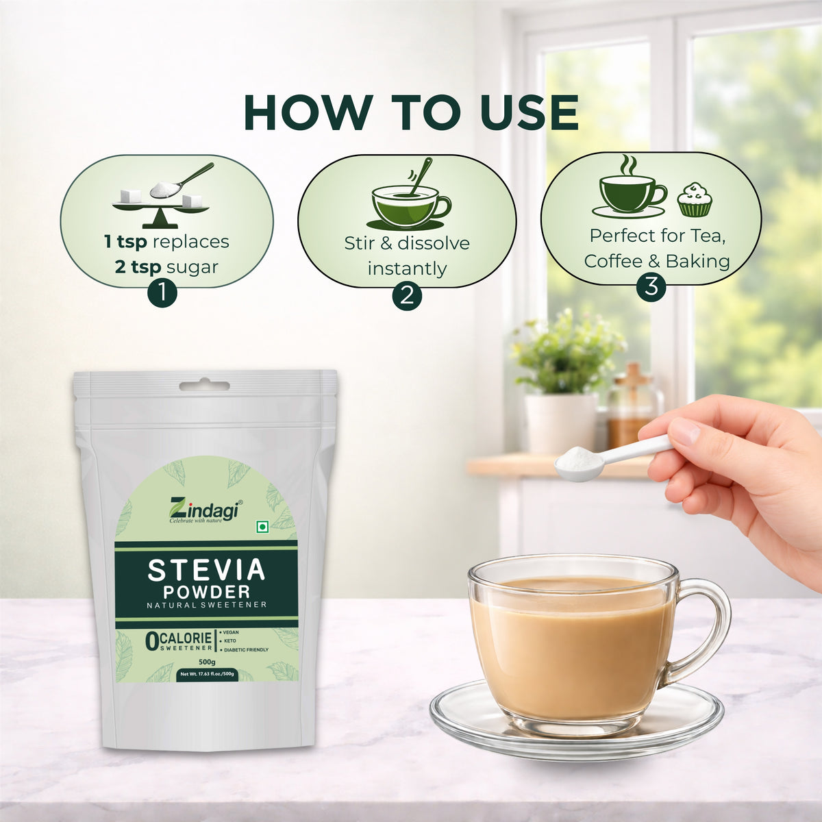 Zindagi Stevia Powder | Keto & Vegan Friendly Sweetener  500gm