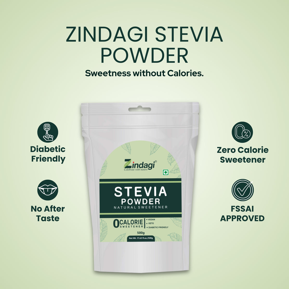 Zindagi Stevia Powder | Keto & Vegan Friendly Sweetener  500gm
