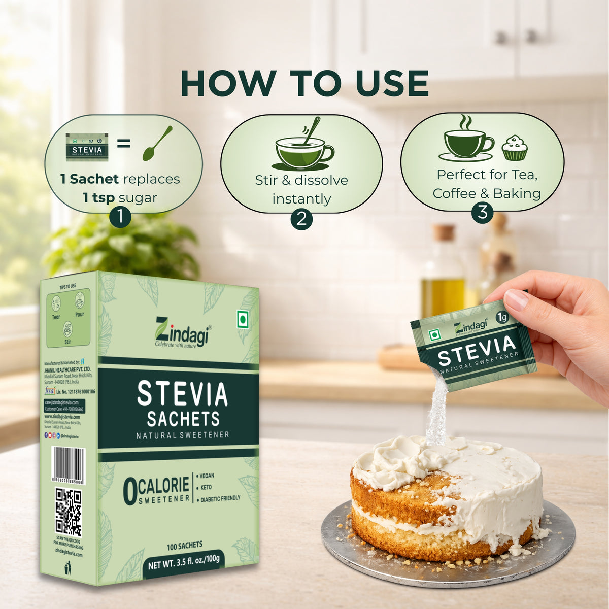Zindagi Stevia Sachet | Zero Calorie SugarFree Sweetener 100gm